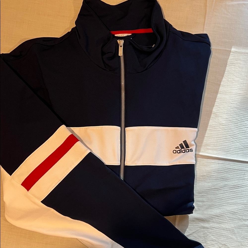 Adidas Navy and White Zip-Up Jacket with Red Stripe